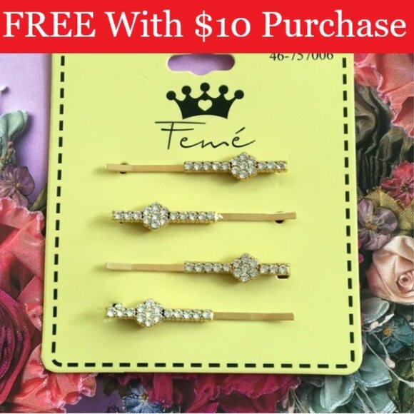 Set of 4 Gold Tone Clear Rhinestone Bobbie Pins NEW NOC Never Worn RED BANNER - Picture 1 of 5